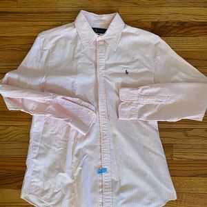 Men’s Pink and White Striped Ralph Lauren Button Up